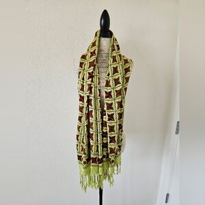 Lime Green Geometric Pattern Red Stars Neck Wide Scarf Shawl with Fringe